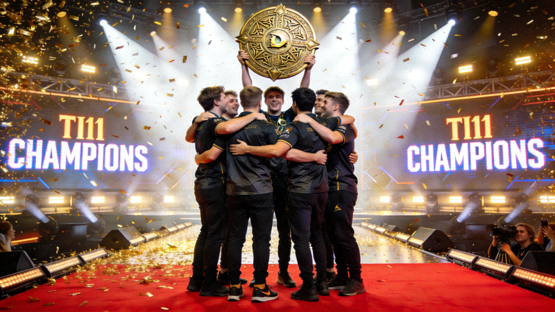 DOTA2国际邀请赛TI11冠军战队举起不朽盾的荣耀时刻
